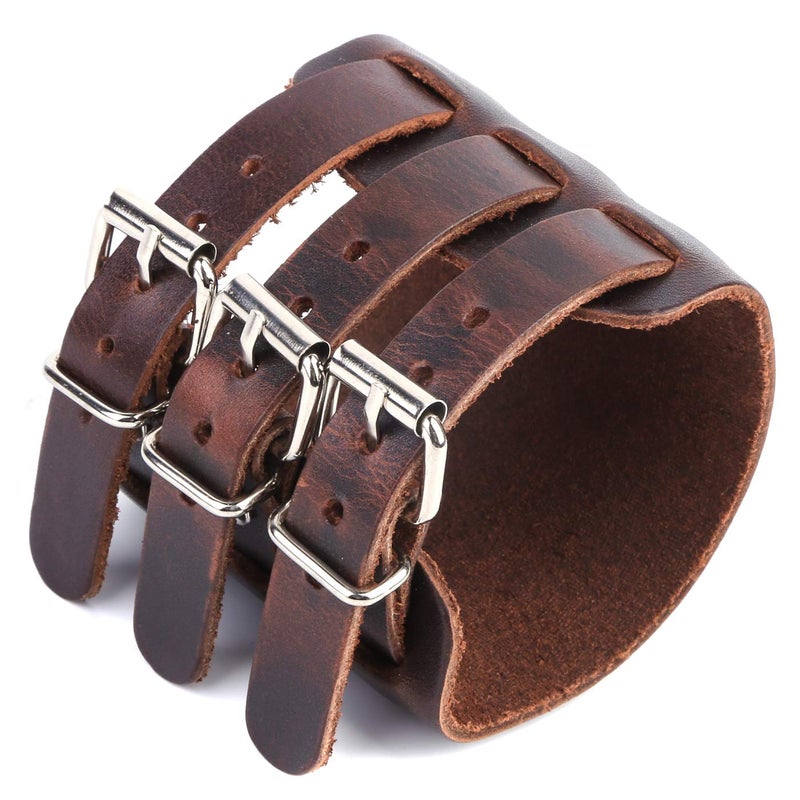 STWTR Men's leather broadband Cuff Bracelet guard wristband alloy fastening armor cuffs (Brown-2.7 inches wide) - Image 2